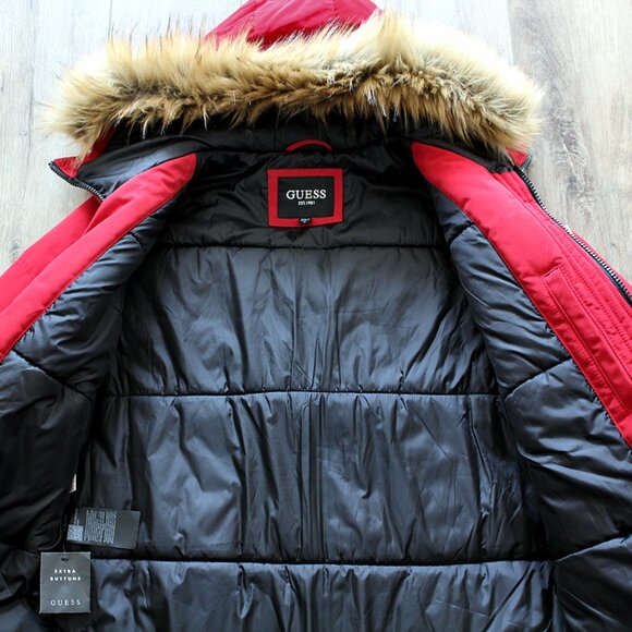 Guess Men's Red Faux-Fur Trim Hooded Long Snorkel Parka Coat Jacket Size Medium - Picture 3 of 5